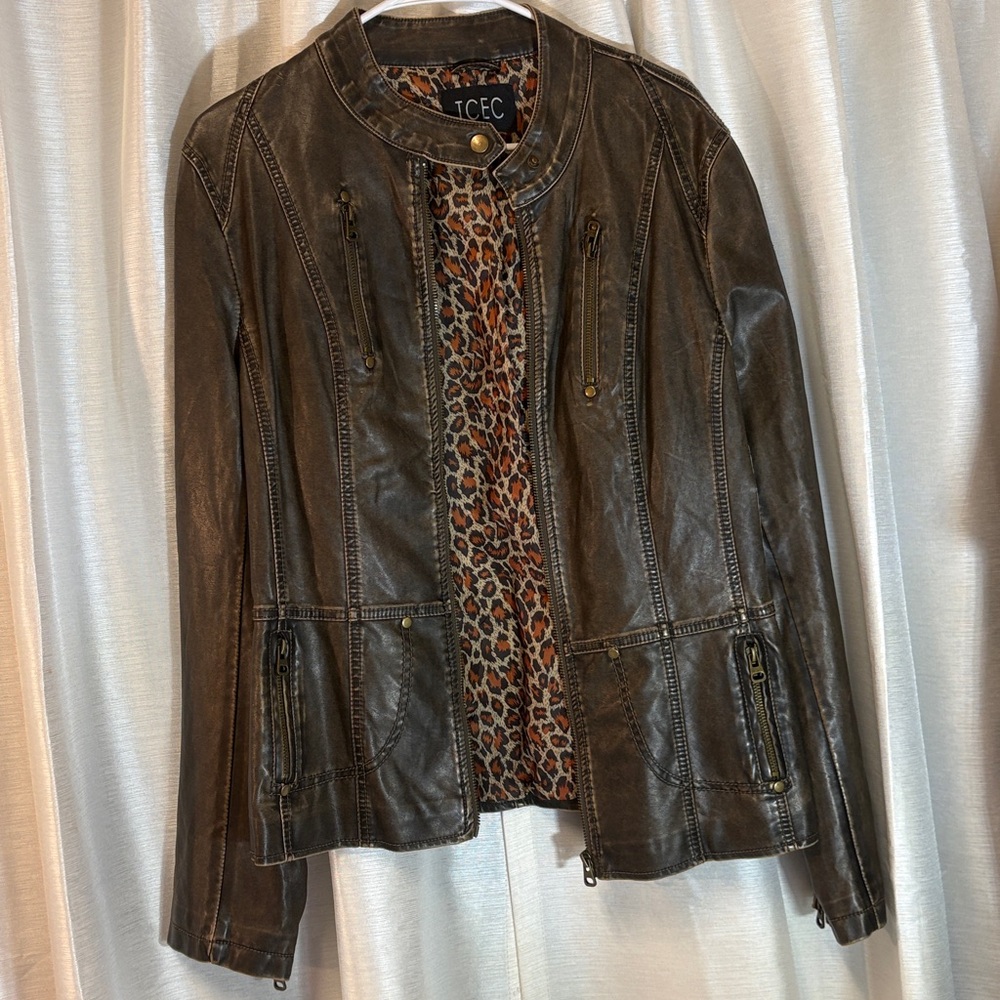 TCEC Peace of Mind Washed Brown Vegan Leather Moto  Jacket Street Plus size XXL - Picture 15 of 17